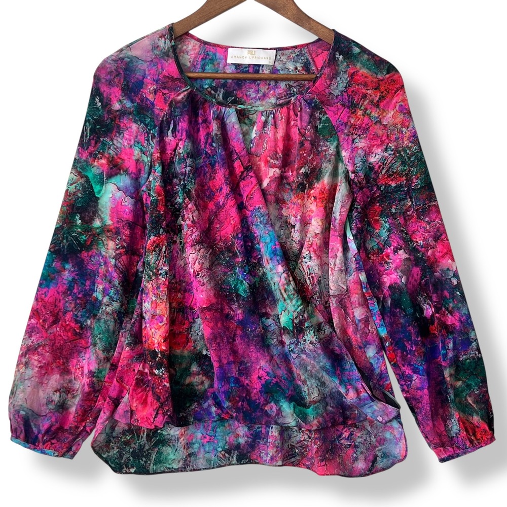 Amanda Uprichard Blouse S Pink Space Galaxy Faux Wrap Artsy Maximalist 100% Silk